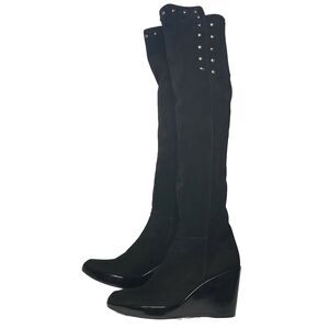 Stuart Weitzman Saratoga Over The Knee Black Suede Platform Wedge Boots Size 9 N